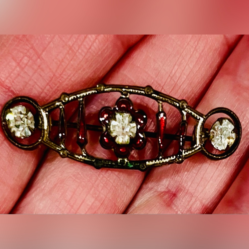 Antique Red Enamel & Paste Bar Brooch, Brass Floral Design c.1910s